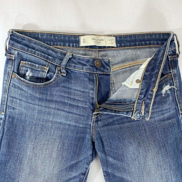 ABERCROMBIE & FITCH THE A&F BOOT DISTRESSED JEANS IN A MEDIUM WHISKERED DENIM - Picture 5 of 10